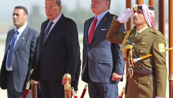 Lebanese President Michel Aoun stumbled over a step on the red carpet and landed flat on his face - ouch! (AFP)