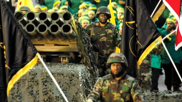Hezbollah displays a pick-up truck mounted with a multiple rocket launcher in a parade in the southern Lebanese city of Nabatiyeh. (MAHMOUD ZAYYAT / AFP)