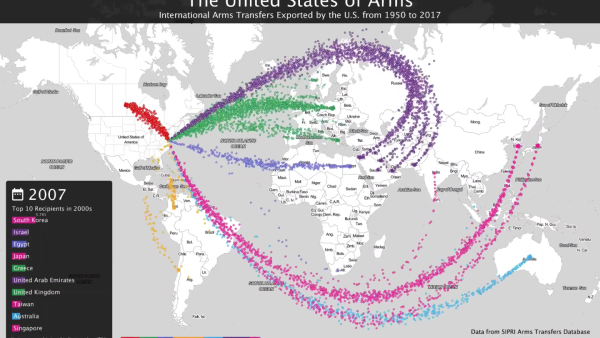 A map designed by Will Geary shows the flows of weapons transfers from the US to other countries between 1950-2017. (Screenshot)