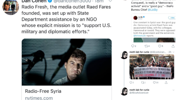 Some of the tweets that were seen spreading after Raed Fares and his friend Hammoud Junaid were shot killed in Kafrnabl in the last rebel-held area in Syria. (Twitter)