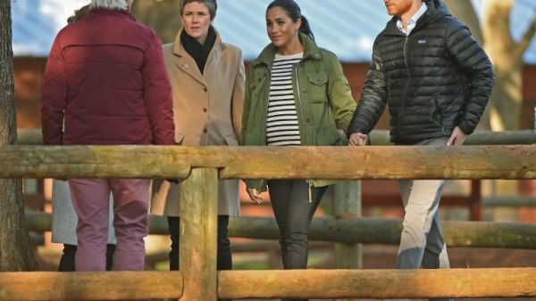 Prince Harry and his wife Meghan, Duke & Duchess of Sussex, visit the Moroccan Royal Federation of Equestrian Sports in Rabat on February 25, 2019. (AFP)