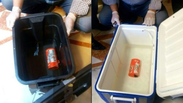 This combination of pictures created on June 17, 2016 shows the flight recorder (L) from the EgyptAir plane, that crashed into the Mediterranean and one of the two black boxes, after it was recovered from the bottom of the Mediterranean. (Media Center of the Egyptian Ministry of Civil Aviation/AFP/File)