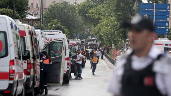 Emergency ambulance vehicles line up near at the site of the blast. (Twitter)