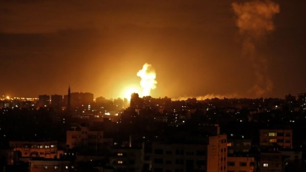 A picture taken on on October 27, 2018 shows a fireball exploding during Israeli air strikes in Gaza City. (MAHMUD HAMS / AFP)