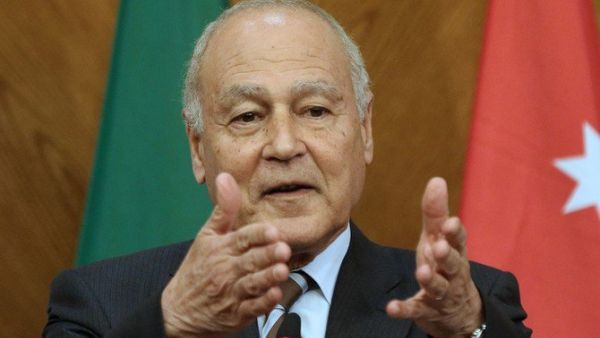 Arab League Secretary-General Ahmed Aboul Gheit gestures during a joint conference. (File/AFP)