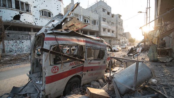 A destroyed ambulance in Gaza, 2014. Moshe Ya'alon was defense minister during Israel's bloody bombing campaign of the enclave (Wikimedia)