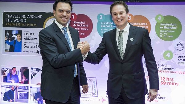 Peter Baumgartner, Etihad Airways Chief Executive Officer, is pictured right with Andrew Fisher, Vice President Fleet Planning, at an employee reception acknowledging the record-breaking achievement.