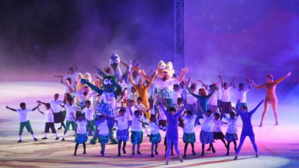 MUSCAT, OMAN - DECEMBER 16: The games mascots dance during the Closing Ceremony at Al-Musannah Sports City on day nine of the 2nd Asian Beach Games Muscat 2010 on December 16, 2010 in Muscat, Oman.