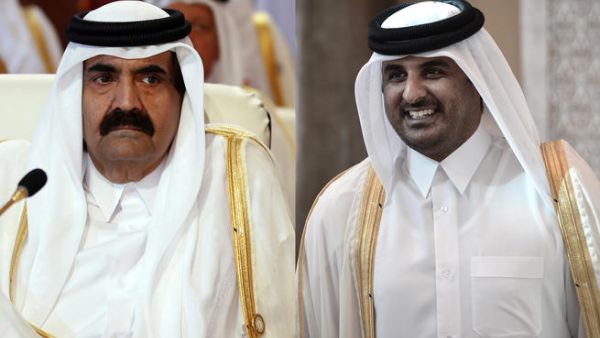 From left to right: A March 26, 2013 file photo shows Qatar's Emir Hamad bin Khalifa al-Thani attending the opening of the Arab League summit in the Qatari capital Doha, and his son, the new emir Sheikh Tamim bin Hamad al-Thani smiling as he arrives in the Bahraini capital of Manama on December 24, 2012. (AFP)