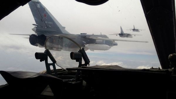 Russian Air Force Su-24 bombers fly Feb. 11 during a military exercise in southern Russia. (AFP/Sergey Venyavsky)