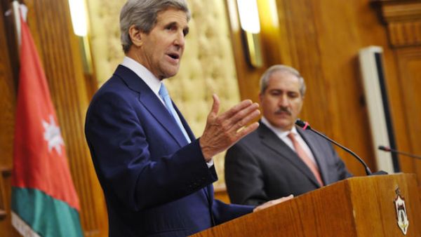 US Secretary of State John Kerry speaks during a joint press conference in Amman as Jordan's Foreign Minister Nasser Judehlooks on (Source: AFP PHOTO/Mandel NGAN-POOL)