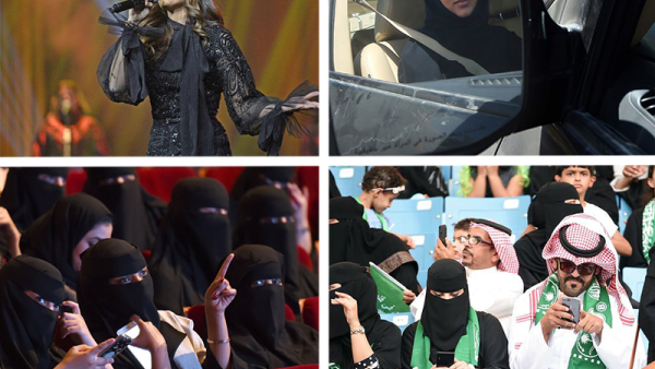 Lebanese singer Hiba Tawaji performs for a female audience in Riyadh (AFP); Saudi women were allowed to drive in September this year (file photo); Saudi sports stadiums were opened to women for the first time (AFP); the SAudi ban on cinemas was lifted earlier this month (AFP)