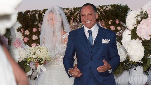 The happy couple on their wedding day in gorgeous Santorini. (Instagram)