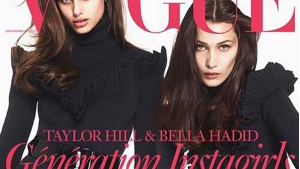 Bella (right) on the cover of Vogue magazine. (Instagram)
