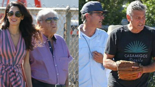 George and her papa on set with George Clooney. (Instagram)