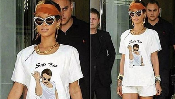 Rihanna couldn't resist wearing her own Salt Bae t-shirt. (Instagram)