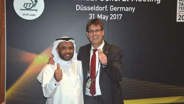 Qatar Table Tennis Association President Khaleel al-Mohannadi (left) with ITTF President Thomas Weikert. (Photo: Gulf Times)