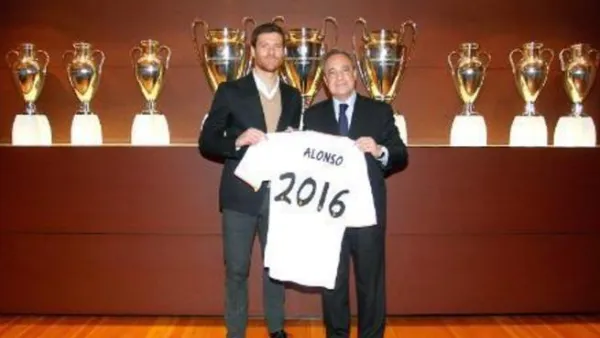 فلورينتينو بيريز رئيس ريال مدريد وتشابي ألونسو بعد التجديد