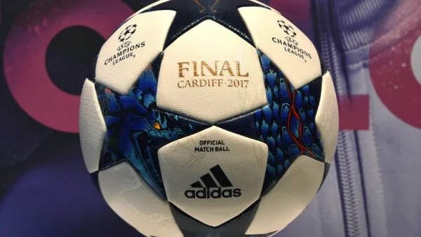 The match ball for the football Champions League final 2017 in Cardiff produced by the German sportswear maker Adidas is on display in the company headquarters in Herzogenaurach, southern Germany, during the annual press conference on March 8, 2017.
Christof STACHE / AFP