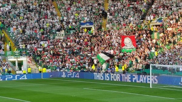 Celtic fans wave Palestinians flags when their team played an Israeli side last Wednesday in Glasgow