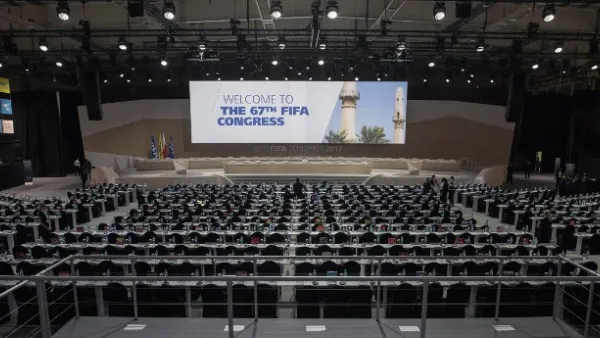 A picture taken on May 11, 2017 in the Bahraini capital Manama shows the conference hall of the 67th FIFA Congress.
JACK GUEZ / AFP