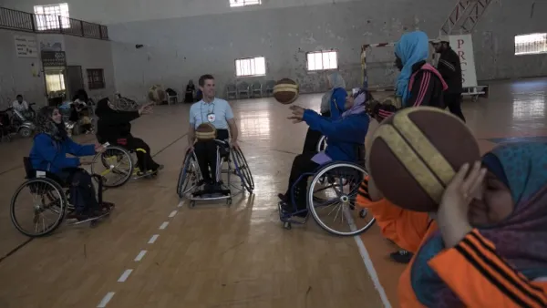 US coach Jess Markt (C-L) leads a class during a wheelchair basketball coaching session for Palestinian women in Khan Younis in the southern Gaza strip on May 28, 2016. More than 75,000 Gazans out of a population of 1.9 million are physically or visually disabled, according to the ICRC. Of those, a third were wounded by war. Paralympic teams are being slowly created, and the ICRC has provided 70 wheelchairs to eight teams this year.
SAID KHATIB / AFP