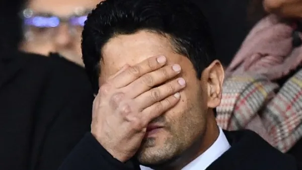 Paris Saint-Germain's Qatari president Nasser Al-Khelaifi (L) gestures during the UEFA Champions League round of 16 second leg football match between Paris Saint-Germain (PSG) and Real Madrid on March 6, 2018, at the Parc des Princes stadium in Paris.
FRANCK FIFE / AFP