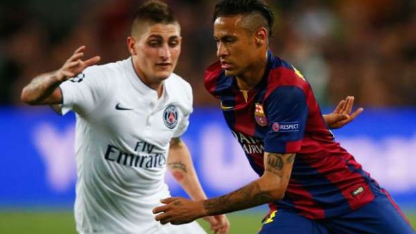 نيمار (يمين) وفيراتي خلال لقاء الفريقين في دوري أبطال أوروبا الموسم الماضي