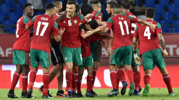 Morocco's players celebrate a goal during the 2017 Africa Cup of Nations group C football match between Morocco and Ivory Coast in Oyem on January 24, 2017.
ISSOUF SANOGO / AFP