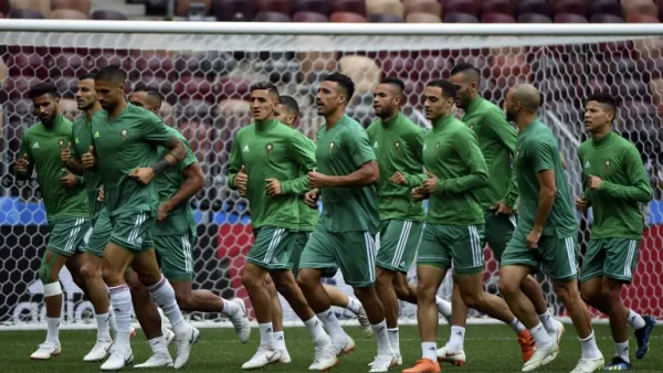 Morocco's players attend a training session at the Luzhniki Stadium in Moscow on June 19, 2018, on the eve of the Russia 2018 World Cup Group B football match between Portugal and Morocco.
Fadel SENNA / AFP