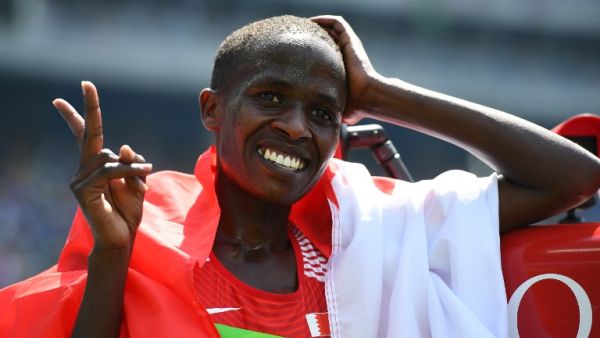 Bahrain's Ruth Jebet celebrates after winning the Women's 3000m Steeplechase Final during the athletics competition at the Rio 2016 Olympic Games at the Olympic Stadium in Rio de Janeiro on August 15, 2016.
FRANCK FIFE / AFP