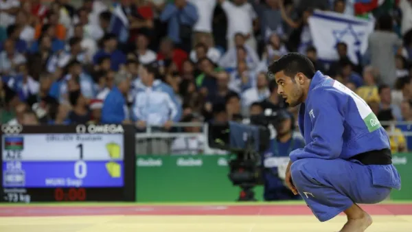 Israel's Sagi Muki reacts after losing to Azerbaijan's Rustam Orujov during their men's -73kg judo contest semifinal B match of the Rio 2016 Olympic Games in Rio de Janeiro on August 8, 2016.
Jack GUEZ / AFP