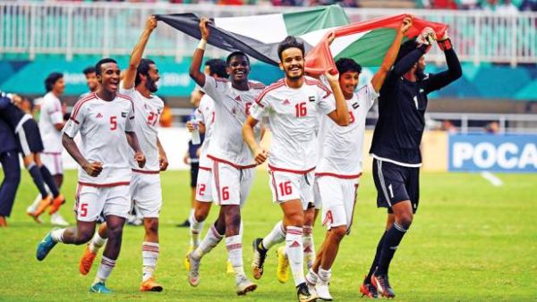 UAE players celebrate beating Vietnam in the men's football bronze medal match at the 2018 Asian Games in Bogor on September 1, 2018. (Photo: AFP)