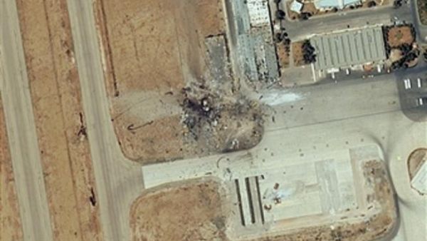 DAMASCUS, SYRIA - MAY 6, 2013: This is a satellite image of a destroyed warehouse and storage buildings at Damascus International Airport that were struck by a reported military airstrike on May 4, 2013. (Photo DigitalGlobe via Getty Images)