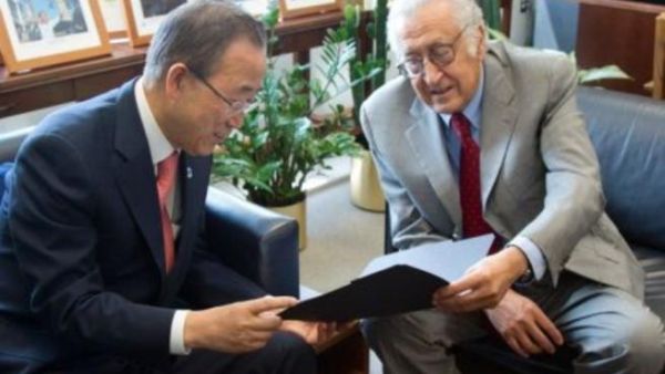 Lakhdar Brahimi meets UN secretary-general Ban Ki-moon ahead of a meeting with Bashar al-Assad. [AFP]