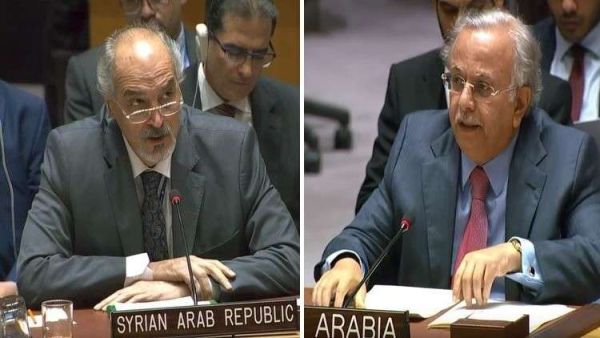 السفيران في الأمم المتحدة السعودي عبد الله المعلمي ونظيره السوري بشار الجعفري الرد