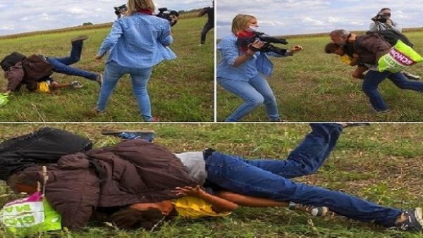 لحظة عرقلة اللاجىء السوري وطفله من قبل المصورة التلفزيونية المجرية