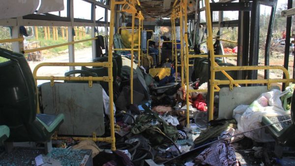 A picture taken on April 16, 2017, shows the damage inside a bus a day after a suicide car bombing attack in Rashidin, west of Aleppo, targeted busses carrying Syrians evacuated from two besieged government-held towns of Fuaa and Kafraya. (AFP/Omar Haj Kadour)