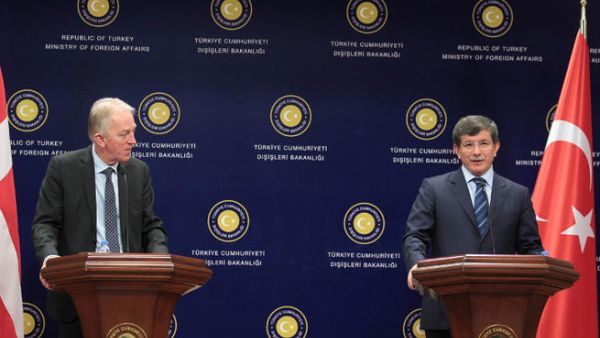 Turkish Foreign Minister Ahmet Davutoglu (R) gives a press conference with his Danish counterpart.  Davutoglu denies Turkey shared intelligence with Israel to expose an Israeli spy ring. (Image credit: AFP)


