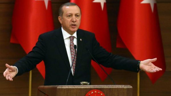 Turkish President Recep Tayyip Erdogan on February 10 accused the United States of creating a "pool of blood" in the region by failing to recognize Syrian Kurdish organizations as terror groups. (AFP/Adem Altan)