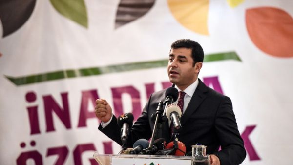 This file photo taken on October 21, 2015 shows Selahattin Demirtas, leader of pro-Kurdish Peoples' Democracy Party (HDP), delivering a speech during an election campaign in Istanbul. (AFP/Ozan Kose)