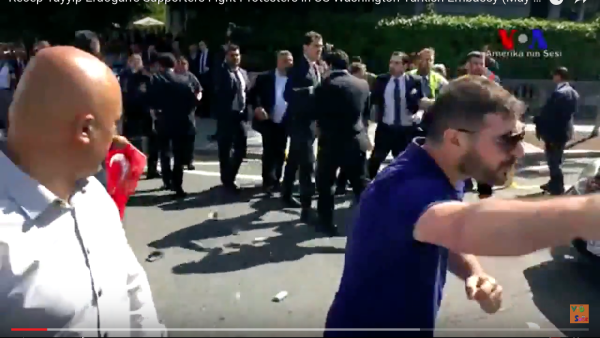 t is not the first time that Erdogan's security detail have violently attacked protesters. In 2016, his bodyguards attacked Turkish journalists and staff outside an event at the Brookings Institution in Washington DC. (YouTube)