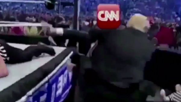 CNN were not happy when President Donald Trump shared a meme of him wrestling them to the ground (screenshot)