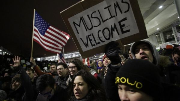 Protesters converged on airports across the US to demonstrate against the ban.  (AFP/Joshua Lott)
