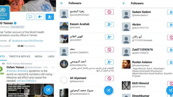 Yemen-based journalists, researchers and humanitarian workers are being targeted by fake accounts in their thousands (Twitter/Hisham Al-Omeisy)