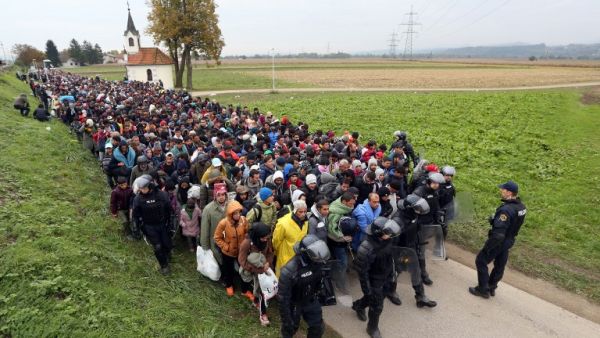 About 1000 migrants and refugees are escorted by Slovenian police from the border with Croatia near the village Rigonce in Slovenia on October 22, 2015. (AFP/File) About 1000 migrants and refugees are escorted by Slovenian police from the border with Croatia near the village Rigonce in Slovenia on October 22, 2015. (AFP/File)