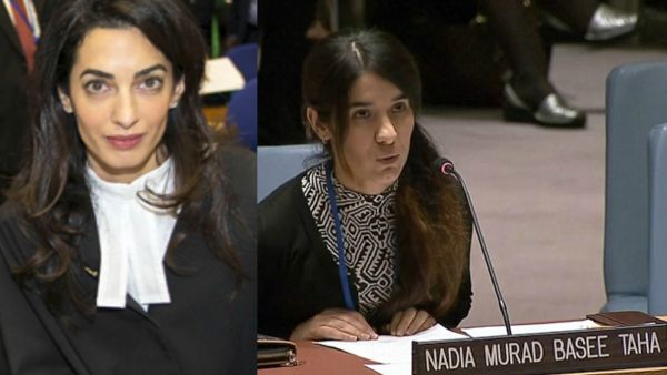 Mrs Clooney is representing thousands of Yazidi women and children kidnapped, raped, tortured and enslaved by ISIS, including Nobel Peace Prize nominee Nadia Murad Basee Taha (pictured).(amalalamuddinstyle.files.wordpress.com)
