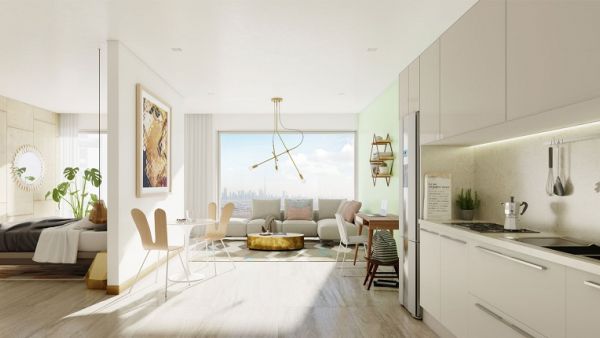 One-bedroom apartments can be bought for 54 bitcoins (or $250,000). (Photo courtesy of Aston Plaza)