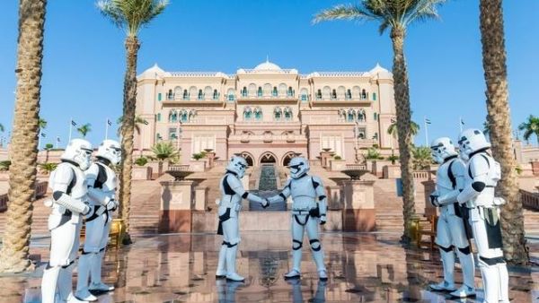 Stormtroopers outside Emirates Palace Hotel where the Abu Dhabi Star Wars premiere is set to take place. (Facebook)