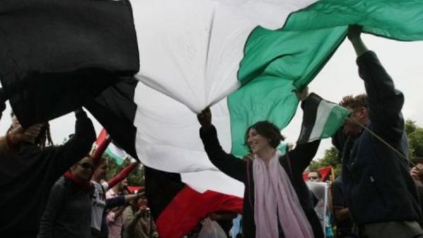 (فلسطينيون يلوحون بعلم عملاق في تظاهرة بذكرى النكبة في غزة
